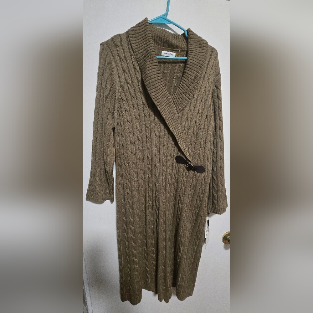 Calvin Klein Olive Brown Cable Knit Shawl Collar Cardigan Dress